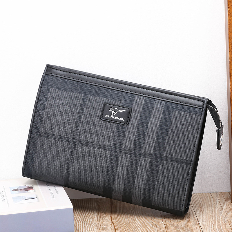 

Wholesale mens clutch business fashion Plaid envelope bag horizontal large capacity multi-card holder men storage wallet street trend contrast leather handbag, Black2-078