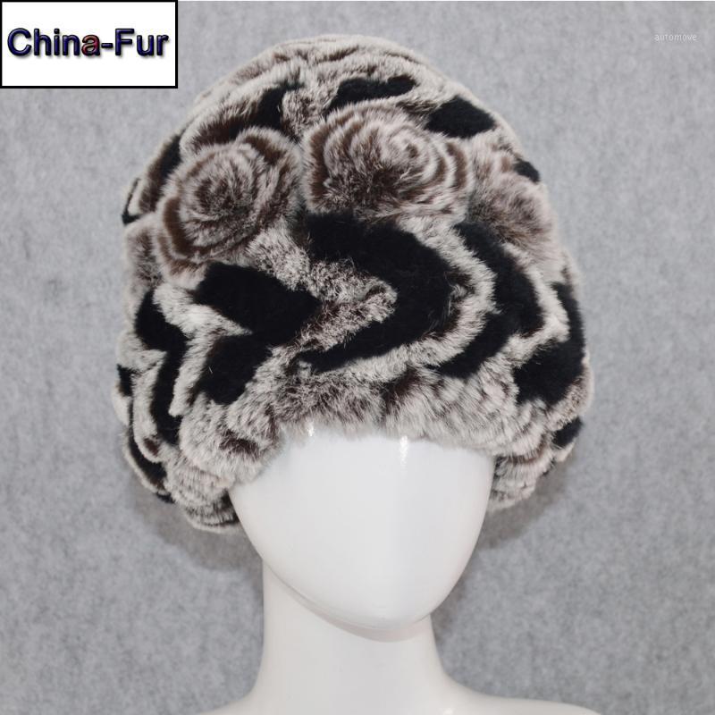 

Women Real Rex Fur Hats Knitted Striped Lady Natural Rex Fur Beanies Cap Winter Warm Flowers caps Wholesale Retail1, Coffee red