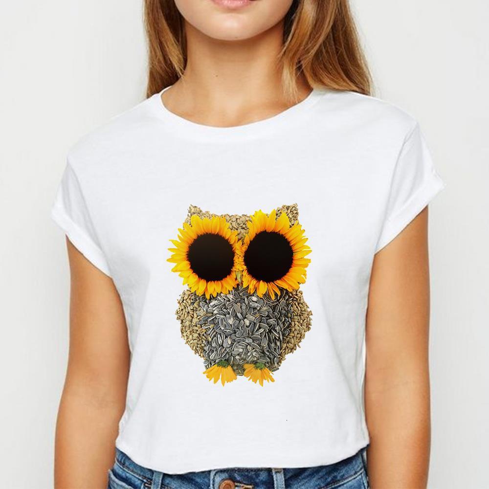 

Owl and Sunflower Graphic Printing T-shirt 2021 Summer Korean Trend Style Tops Aesthetic Student Short Sleeve Loose Cheap Tshirt, 20ac1164