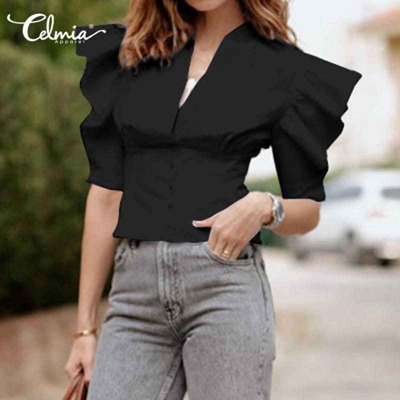 

Fashion Ruffles Sleeve Blouse Women Summer Tunic Tops Celmia 2020 New Sexy V-neck Office Ladies Shirts Buttons Plus Size Blusas, Black