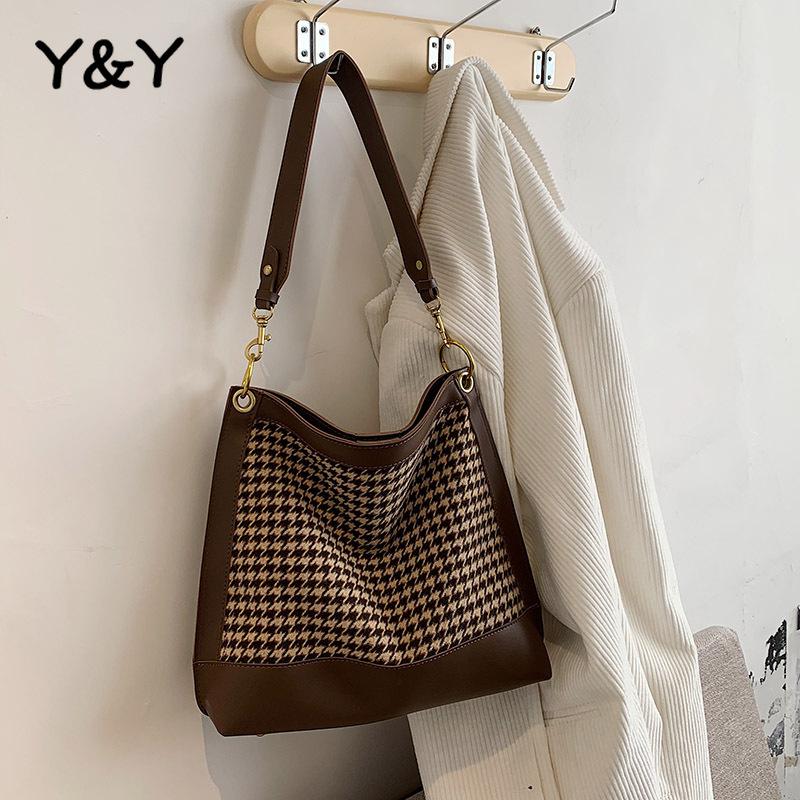 

Y&Y Jacquard Women Shoulder Bag Female Large Suede Bucket Bag Fashion Plaid Armpit Casual Tote Bags, Brown