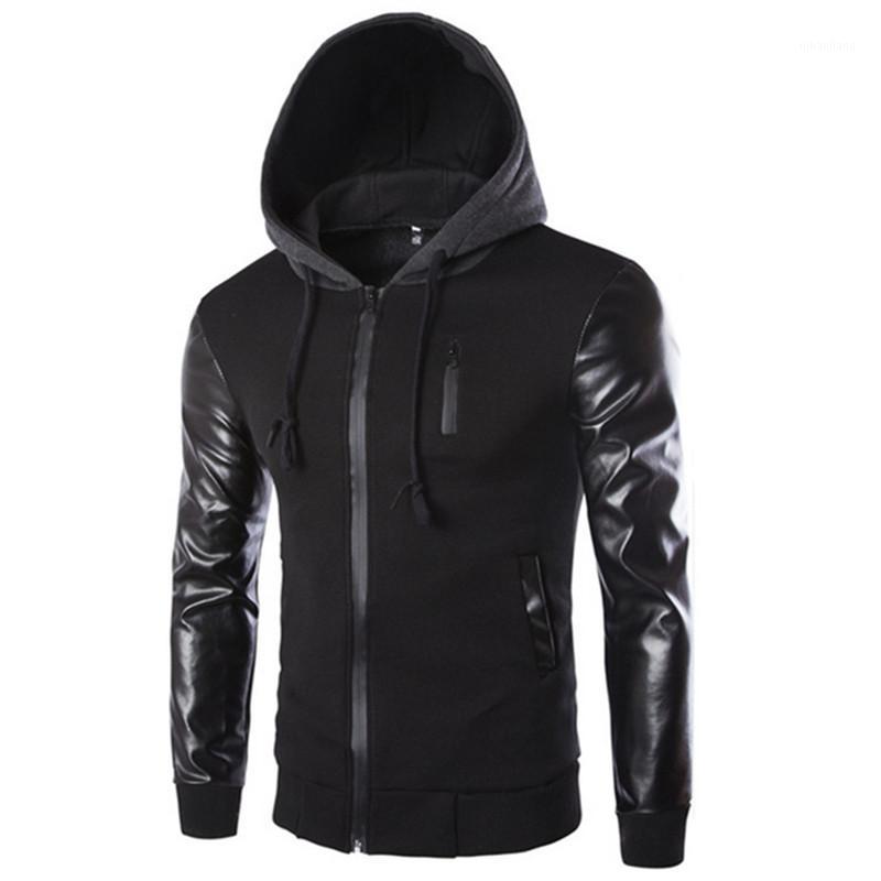 

Men 's Hooded Jacket Coat Fashion Stitching Leather Sleeve Male Zipper Casual Overcoat Black Dark Gray1, Black 01
