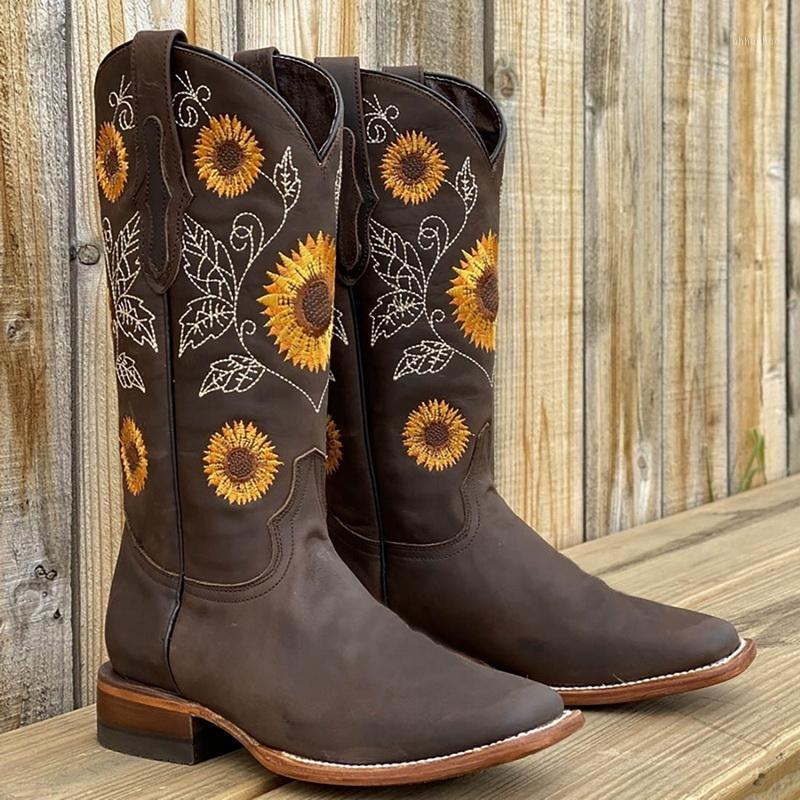 

Boots Retro Women's Boots Embroidered Thick Heel High Heel Round Toe Short Embroidered Women's Plus Size 36-431, Khaki