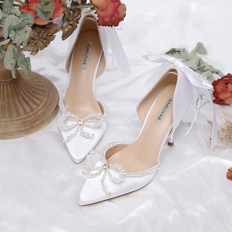 

2021 summer new white pearl rhinestone dress wedding shoes stiletto single shoes pointed toe female sandals
