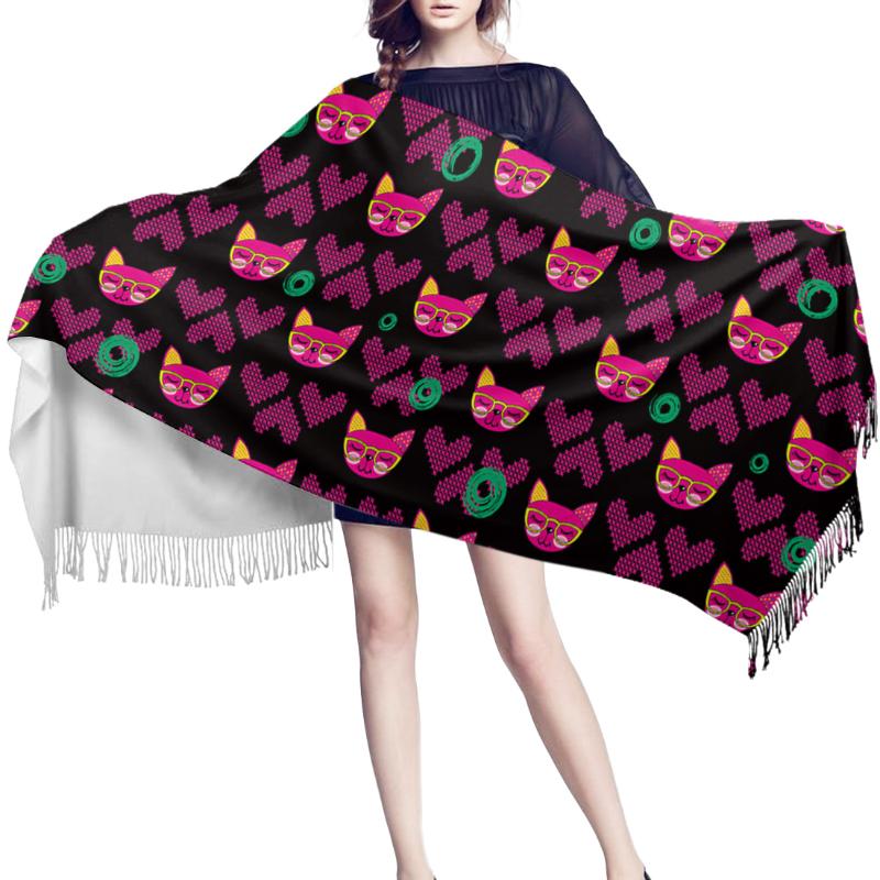 

Women Cashmere Scarf Thin Lady Cat And Heart Shawls and Wraps Female Hijab Long Head Scarves