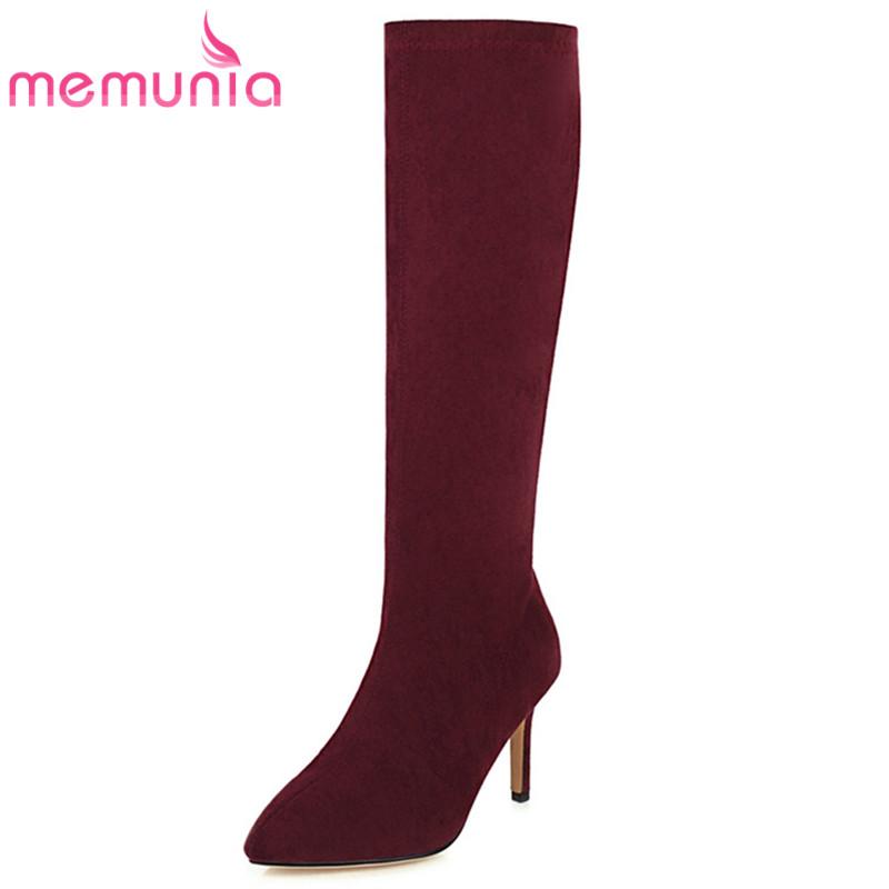 

MEMUNIA 2020 big size 34-49 knee high boots women pointed toe zip sexy thin high heel party shoes ladies autumn winter boots, Black