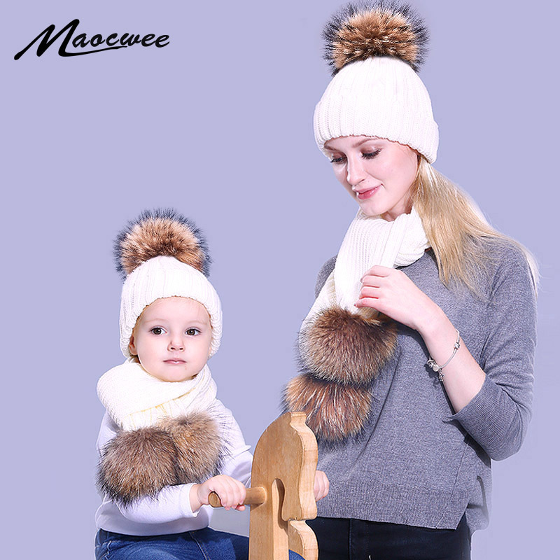 Beanie/Skull Caps Pom Hat Scarf Women Kids Winter Acrylic Beanies Hats Real Fur Pompon Hat Cap Girl Warm Knitted Solid Pink White Hats Scarves AA
