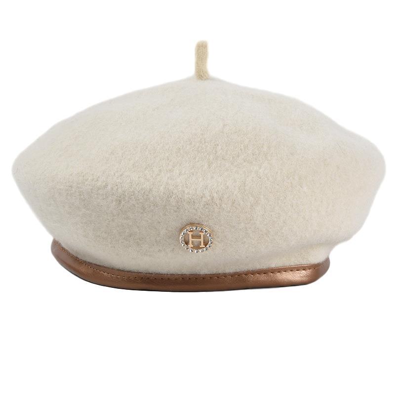 

Berets Wool Felt Winter Beret Solid Warmer Women Beanies Cap Classical French Style Femme Ladies Fascinator Hat, White