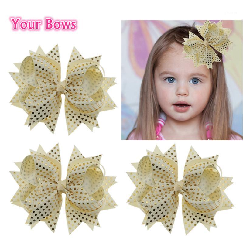 

Your Bows 1PC 5.5Inch Grosgrain Ribbon Hair Bow Golden Dot Girl Bows Hairpins Children Hair Clip For Kids Accessories1, As picture