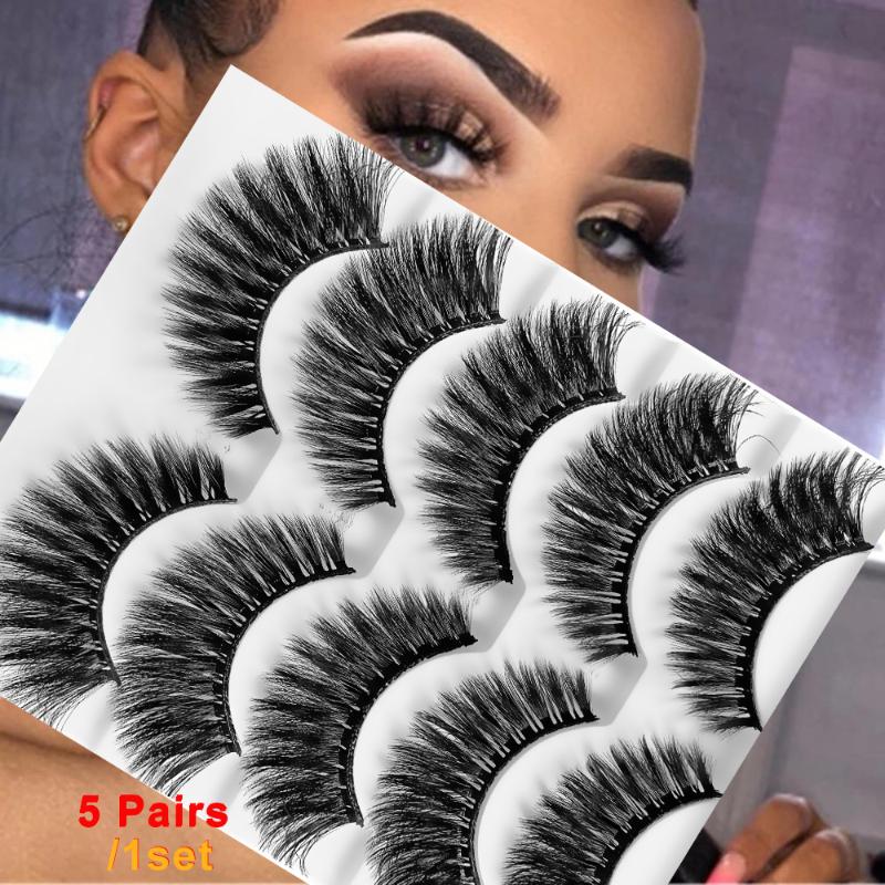 

AY 5 Pairs 3D Faux Mink Hair Soft False Eyelashes Fluffy Wispy Long Thick Lashes Handmade Soft Eye Lash Makeup Extension Tools