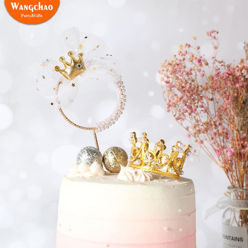 

Pearl Crown Iron Garland Happy Birthday Cake Topper Prince Princess Wedding Cake Decoration Mother Girl Favors Party Supplies