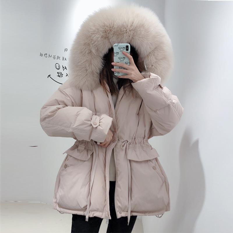 

Janveny Women' Down Jacket 2020 Female Thicken Warm Winter Down Coat Women Large Real Fur Hooded 90% White Duck Parkas, Beige