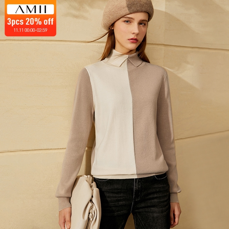 

Amii Minimalism Autumn Winter Simple Women' Sweater Causal Lapel Patchwork Knitted Sweaters For Women Pullover Tops 1348 201111, Beige