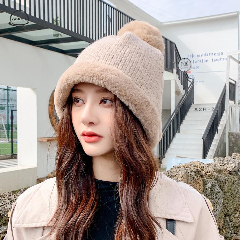 

Bonnets for Women Korean Wild Warm Woolen Ball Wool Cap Autumn and Winter Windproof Cycling Thicker Knit Hat Ear Bucket Hat, White