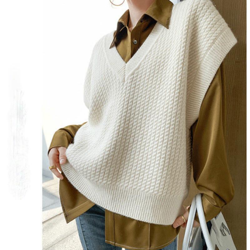 

V-neck Sweater Vest Ladies Fall/winter New Style Oversized Wild Knit Pullover Solid Color Retro Women's Sleeveless Sweater Top, White
