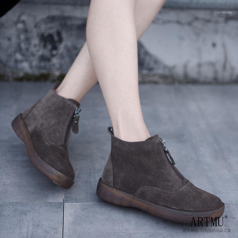 

Artmu Original Front Zipper Boots Short Boots Flat Bottom Comfortable Leather Handmade Women Ankle 193101, Khaki