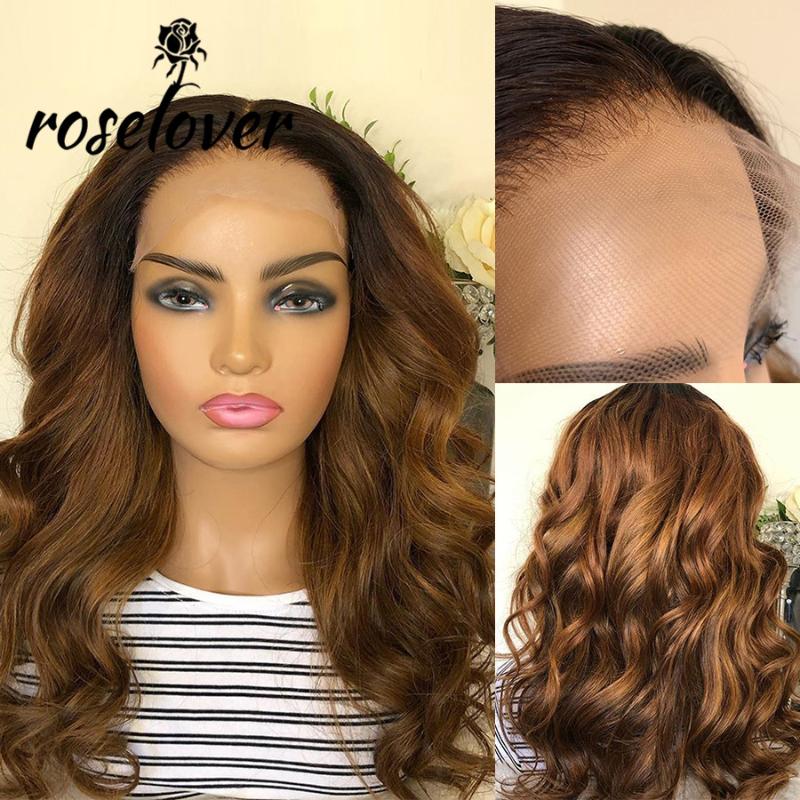 

Ombre Brown Colored Transparent Lace Human Hair Wigs Body Wave Brazilian Remy Pre Plucked With Baby Hair Part Lace Wig For Women, Ombre brown color