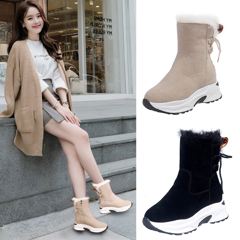 

New Winter 2021 High Help with Thick Bottoms Anti-slip Women's Shoes Wildlife Bottom Plus Black Hot Velvet Boots D81Z, Beige