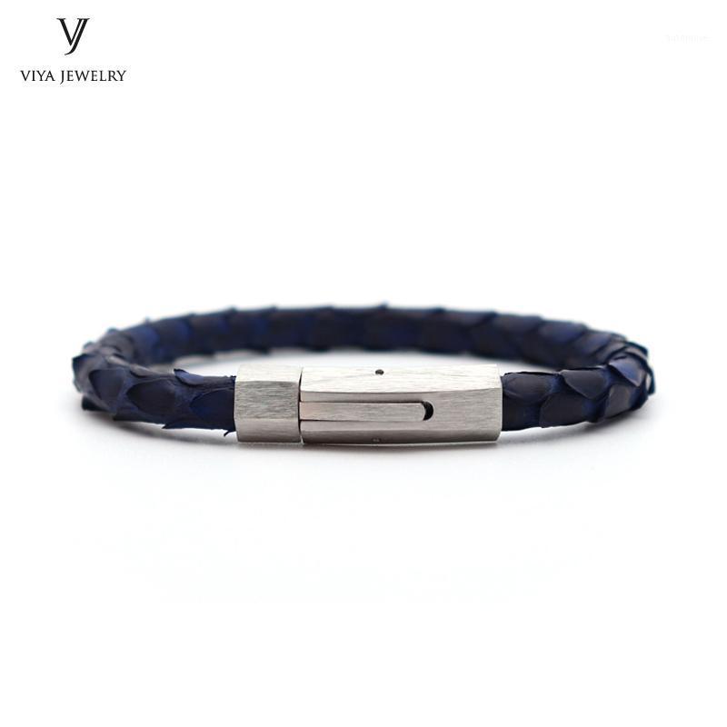 

New Genuine Python Snake Skin Leather Cord Bracelet For Men High Quality 316 L Stainless Steel Magnetic Closure Bracelets1