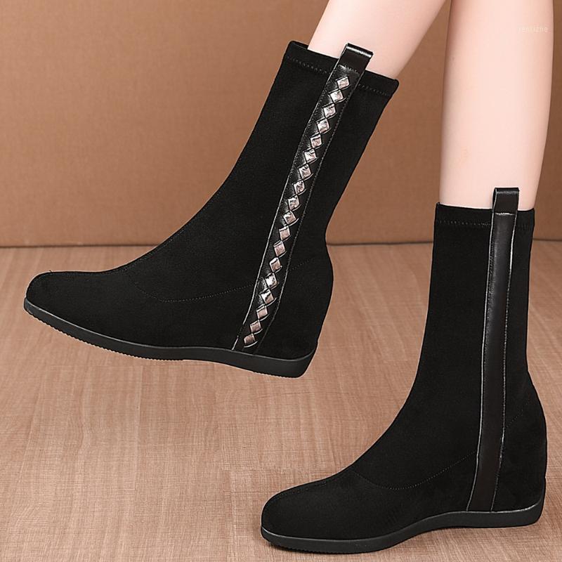 

Women's genuine leather flock patchwork slip-on wedge high heel autumn ankle boots round toe casual short booties shoes women1, Black