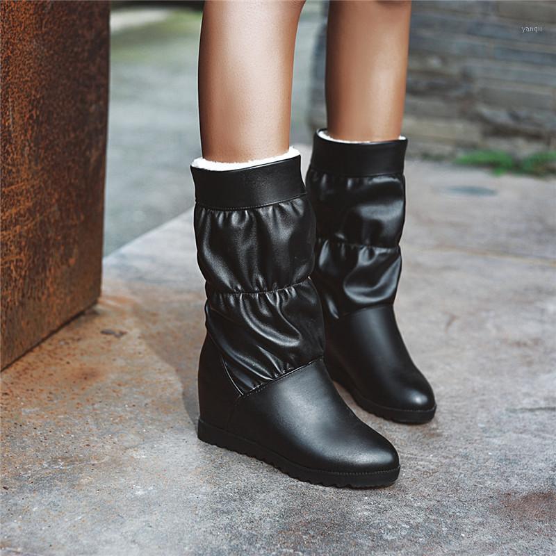 

YMECHIC Plus Size Sewing Pleated Black Apricot Height Increasing Women Winter Shoes Warm Plush Mid High Snow Boots Female 20201