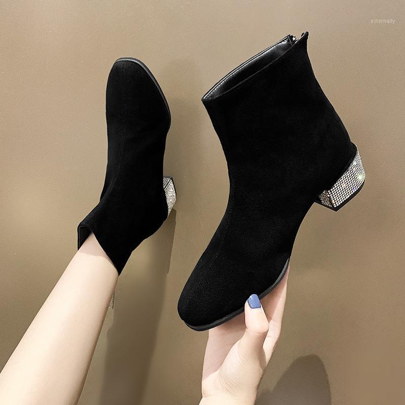 

Boots For Women Shoes Femenino Autumn Female British Style Flock Rhinestone Heels Bling Ankle Boots Elegant Lady Feminine1, Black