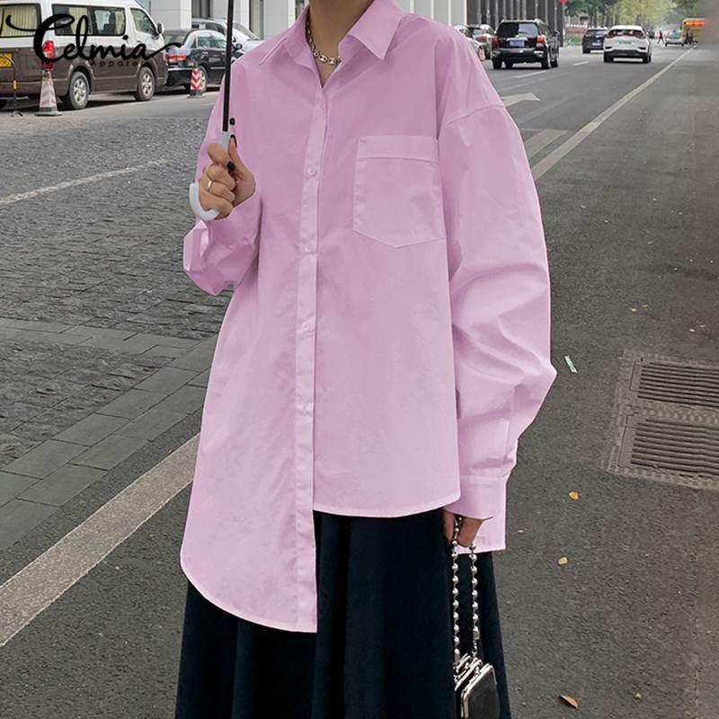 

Women' Blouse Autumn White Shirts 2020 Celmia Fashion Long Sleeve Lapel Buttons Elegant Office Tunic Tops Asymmetrical Blusas