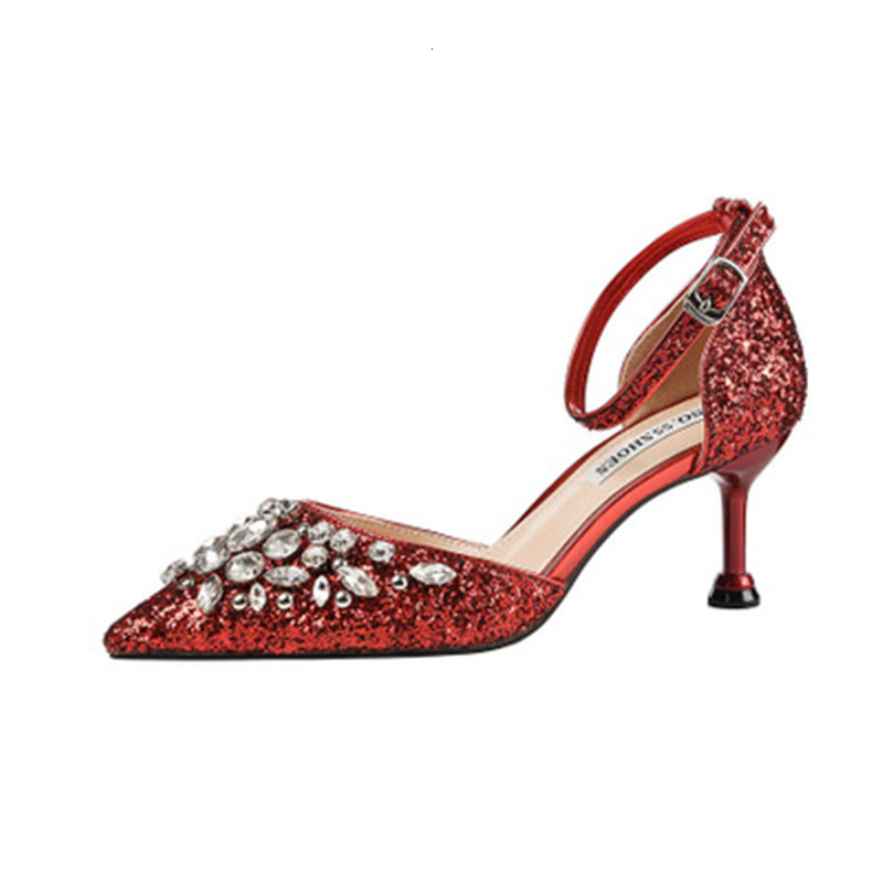 

2021 New Elegant Woman Shinning Gold Strass Sequins Sexy Bombs Oointed Toe High Heels Ladies Bracelet Wedding Shoes IGFA, Rose gold
