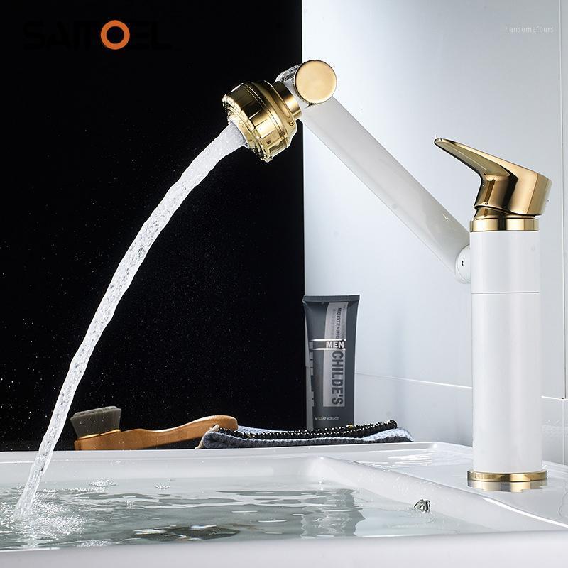 

New Style Deck Mount Brass White and Gold Bathroom Sink Faucet Mixer Taps With Rotating Sprayer W30431