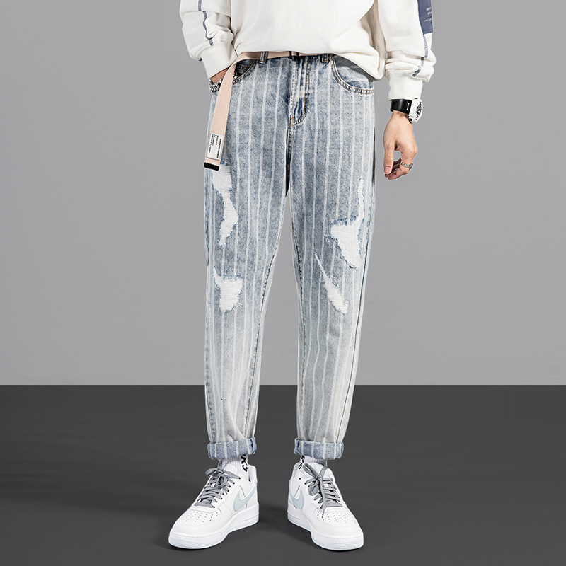 

2021 New Japanese Vintage Fashion Men Jeans Retro Light Blue Stripe Ripped Denim Trousers Streetwear Designer Patchwork Harem Pants Homme E6