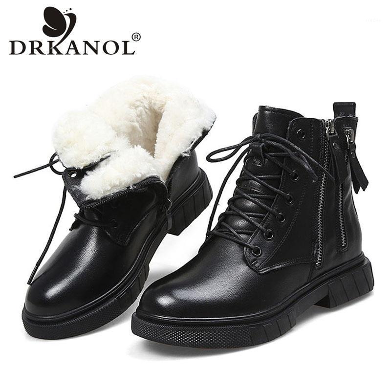 

DRKANOL British Style Women Snow Boots Winter Warm Wool Fur Ankle Boots Double Zipper Genuine Leather Women Cotton Shoes H5265-11, Black