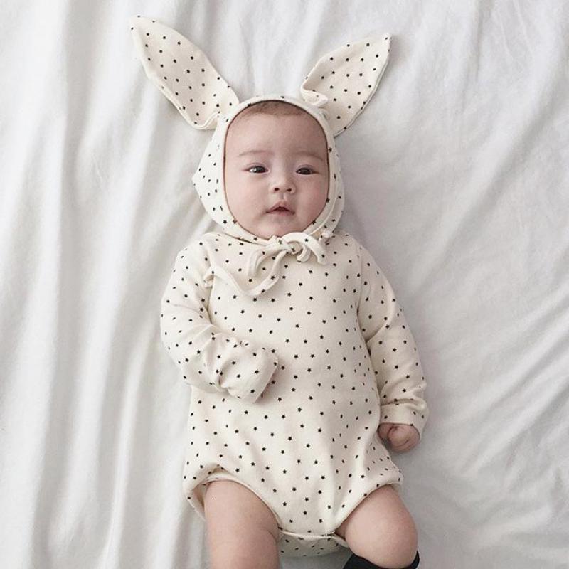 

2021 New Bodysuit Cute Print Pure Cotton Autumn Boy Girl Jumpsuit and Big Rabbit Ear Hat Baby Clothes Aa2s, 5768698gray