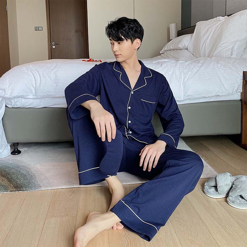 

Long-sleeved Sleepwear Men's Bamboo Cotton Pajamas Set Male Home Clothes, Blue