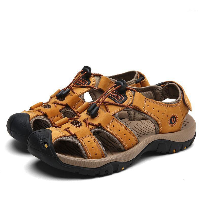 

Genuine Leather Men Shoes Summer New Large Size Men's Sandals Men Sandals Fashion Slippers Big Size 38-471, Brown -7238
