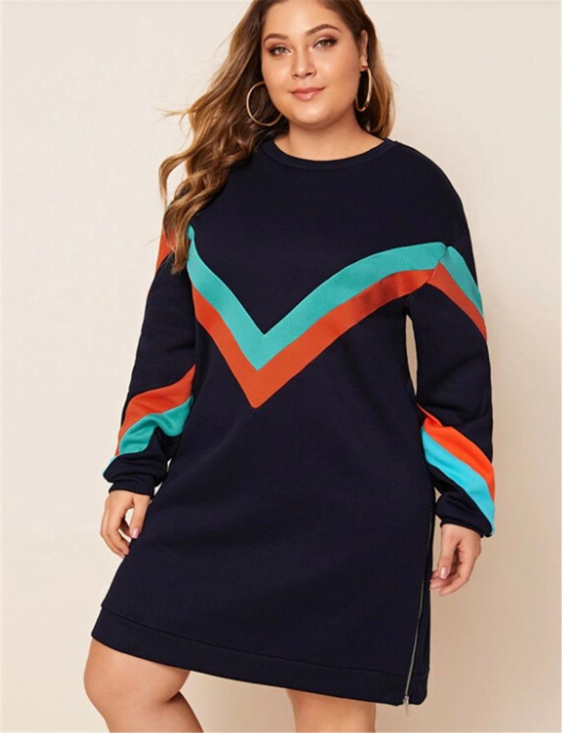 

Hoodies Dress V Printed Long Sleeve Plus Size Fashion Zipper Designer Pencil Dress Clothing Women 2020, Dark blue