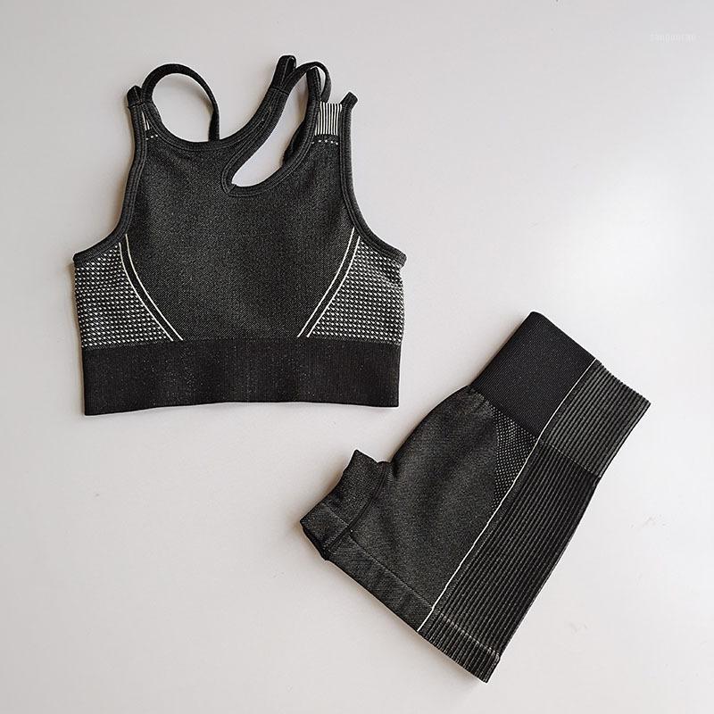 

Seamless Women Two Pieces Set Sports Gym Wear Padded Cross Back Bra High Waist Yoga Shorts Suit Elastic Running Sportswear1, Black