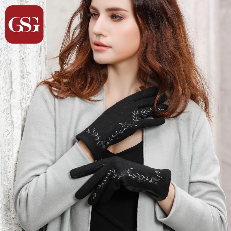 

Five Fingers Gloves Fashion Winter Women Wool & Leather For Ladies Flower Embroidery Short Female Elegant Grey Guantes Mujer
