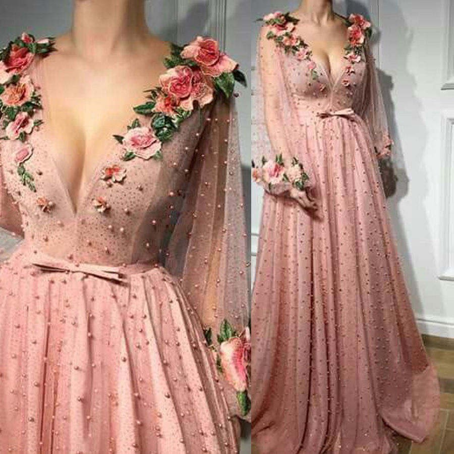 

A-line Prom Dresses V neck Pink Long Prom Dress Evening Dresses With 3D Flower Long Sleeves Evening Gowns, Black