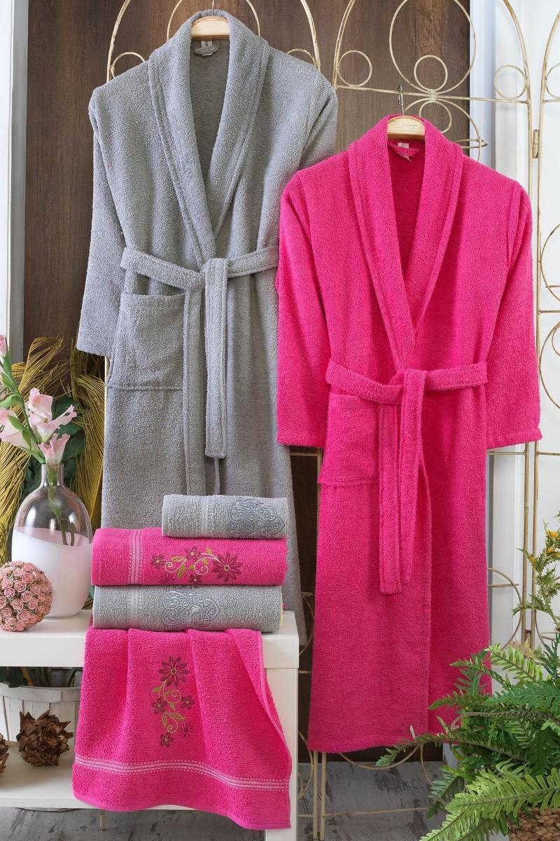 

100% Cotton Terry Bathrobe Lovers Solid Towel Pajamas Men Women Long Bathrobe Dressing Gown 6 piece set, Red