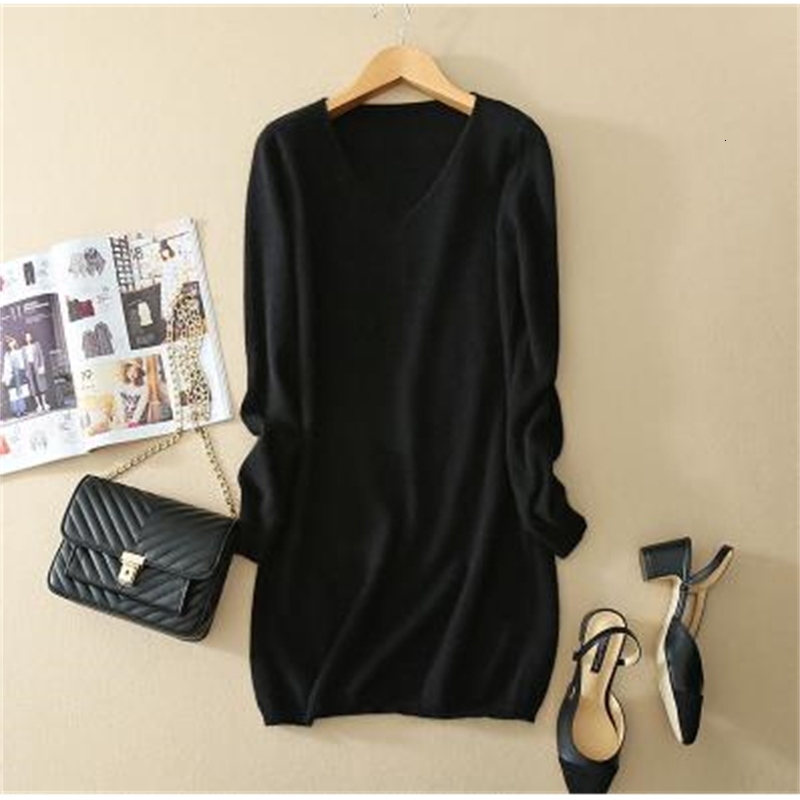 

2021 New Autumn Winter Sweaters and Pullovers Sexy V-neck Knitted Cashmere Women Tops Pull Femme Hiver Long Sweater V3hw, Black
