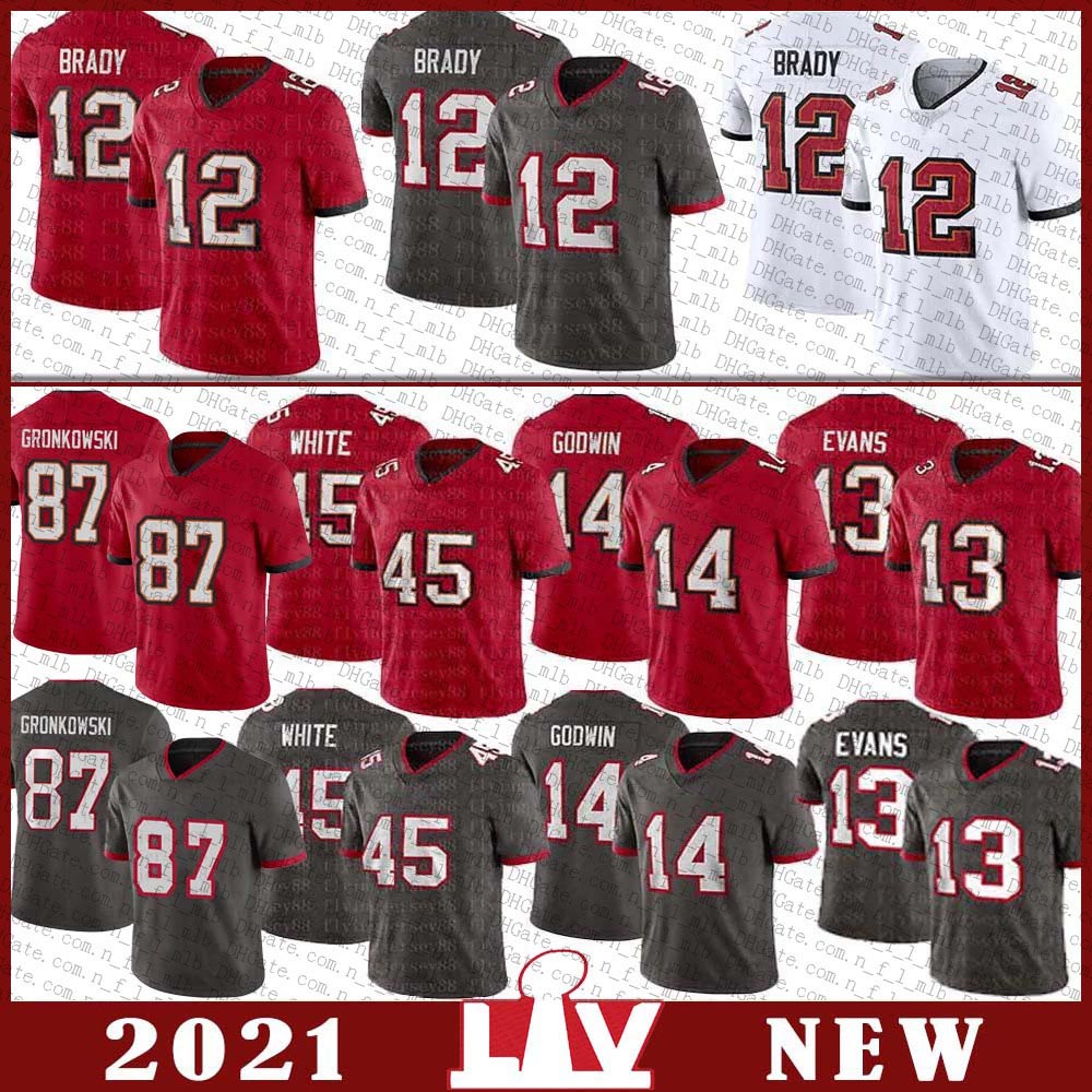 

12 Tom Brady Football jersey 87 Rob Gronkowski 81 Antonio Brown 14 Chris Godwin 45 Devin White 13 Mike Evans 78 Tristan Wirfs Stitched Tampa Bay Buccaneer Jerseys, Shown