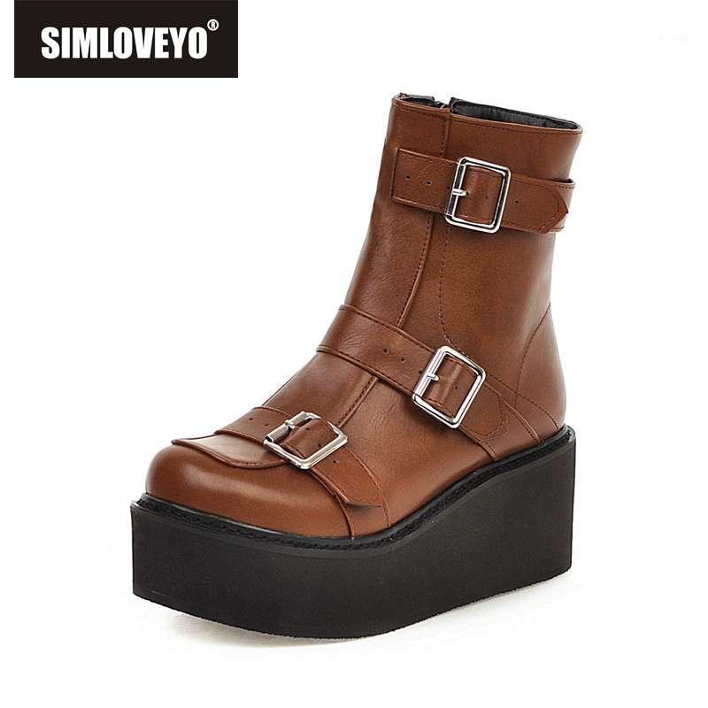 

SIMLOVEYO buckle motorcycle ankle boots women punk wedge high heels riding Gothic boot footwear large size 33-43 botas mujer1, Black