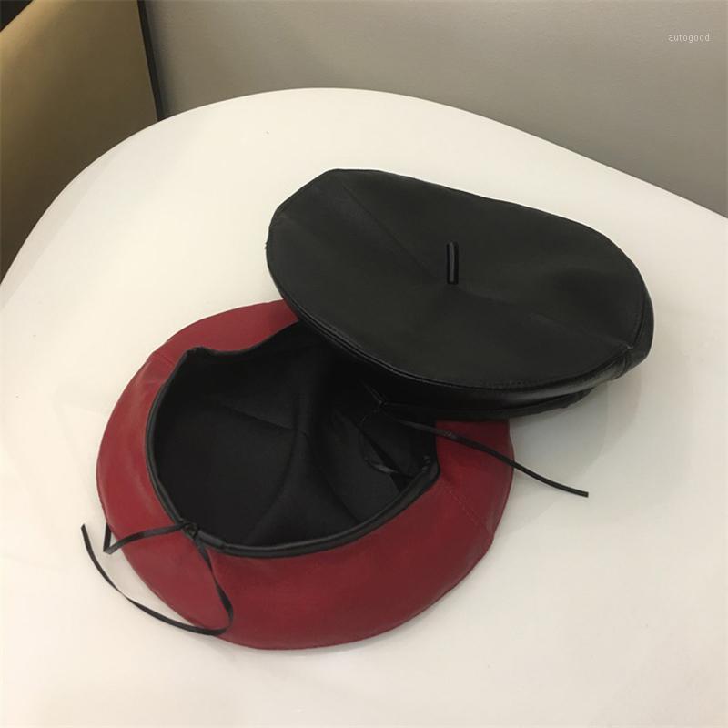 

Berets Pu Leather Beret Woman Flat Top Hat Autumn And Winter Painter Pumpkin1, Black