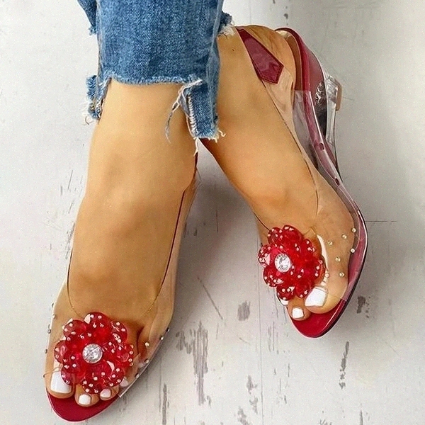

Women Sandals 2020 New Summer Fashion Luxury Transparent Flower Rhinestones Sandals Casual Ladies Open Toe Wedges Sandals #es2q, Black