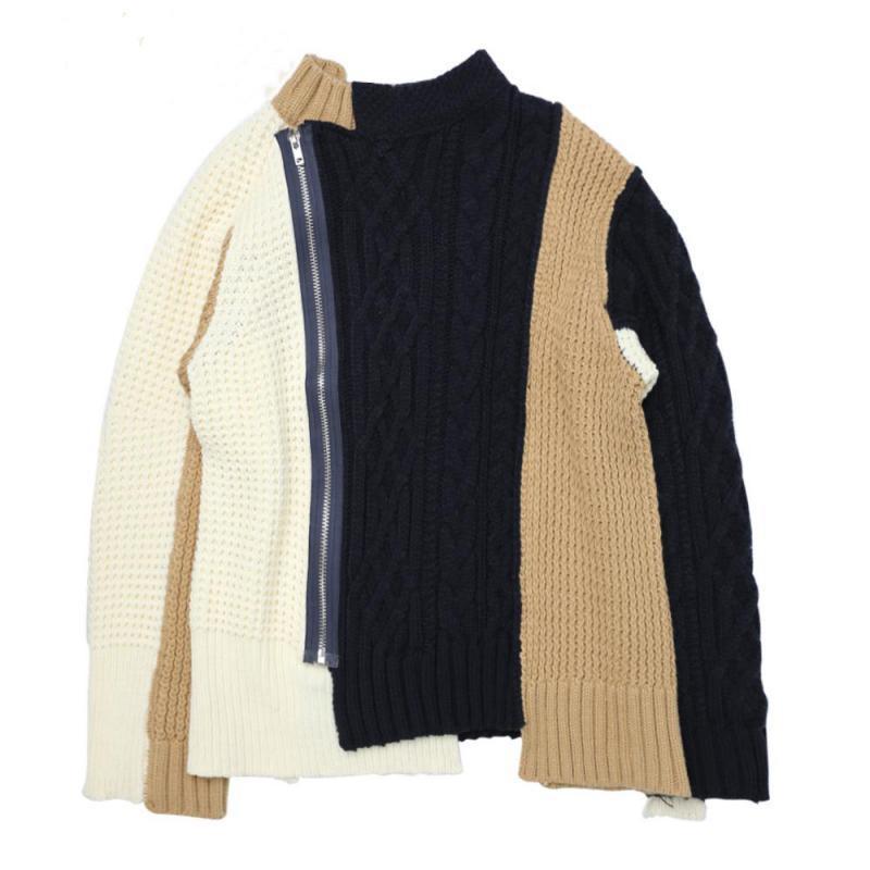 

Women Fashion Sweater Color Matching Knitted Sweater Irregular Knit Cardigan Loose Casual Women Tops Autumn Winter 2020 New, As picture