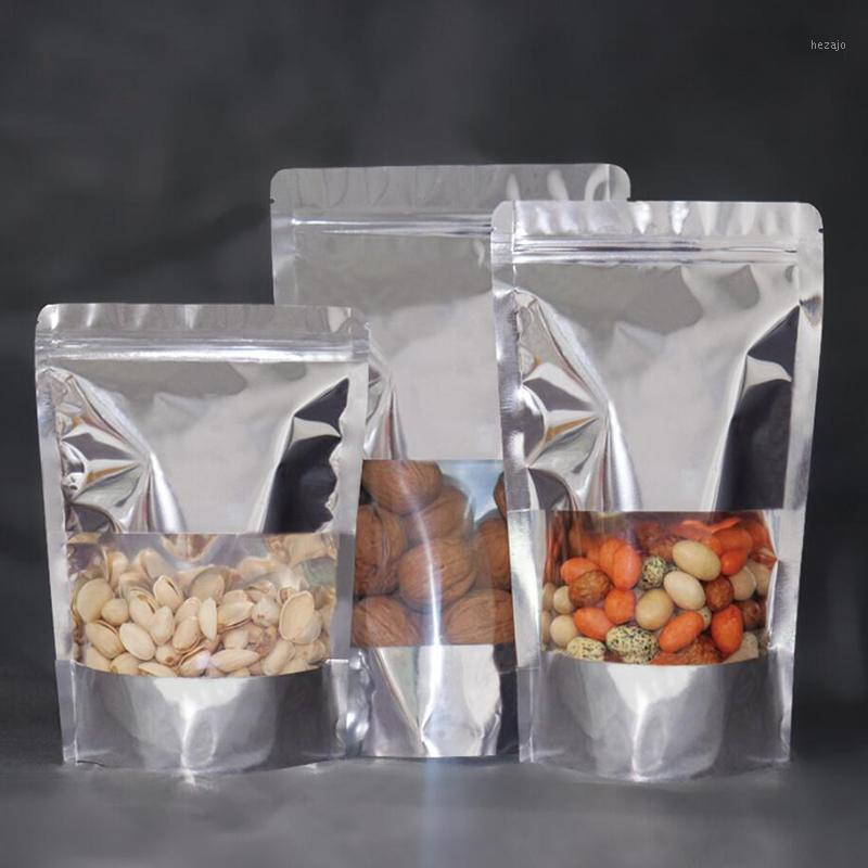 

100 Pcs/Lot Silver Clear Stand Up Aluminum Foil Bags Resealable Heat Seal Plastic Clear Window Bag, Storage Pouch1