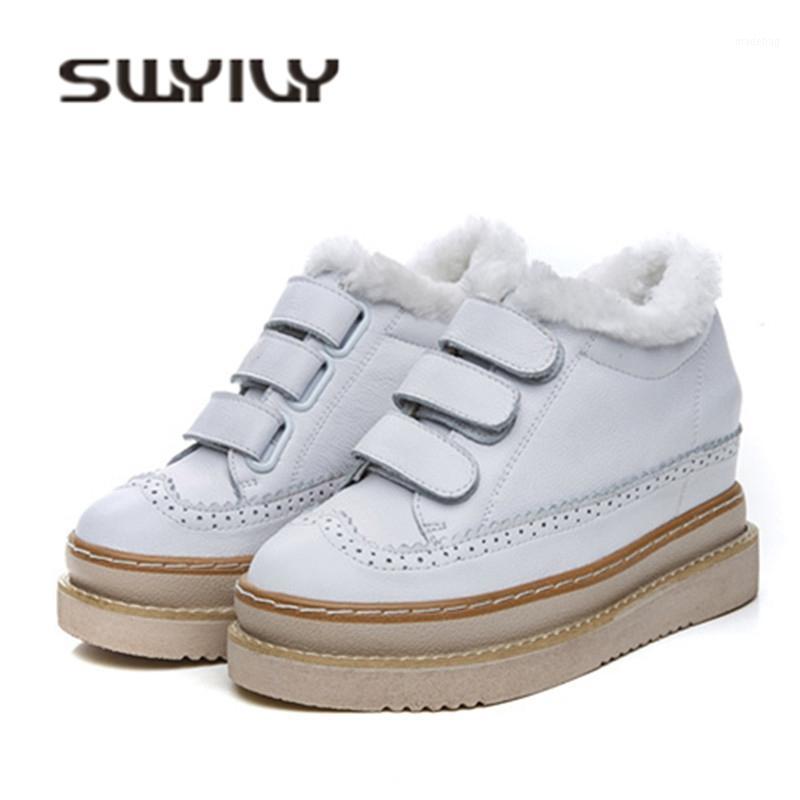 

SWYIVY White Shoes Sneakers Genuine Leather 2020 Winter Warm Fur Casual Shoes Female Velvet Platform Snow Boots Ankle Boot1, Black