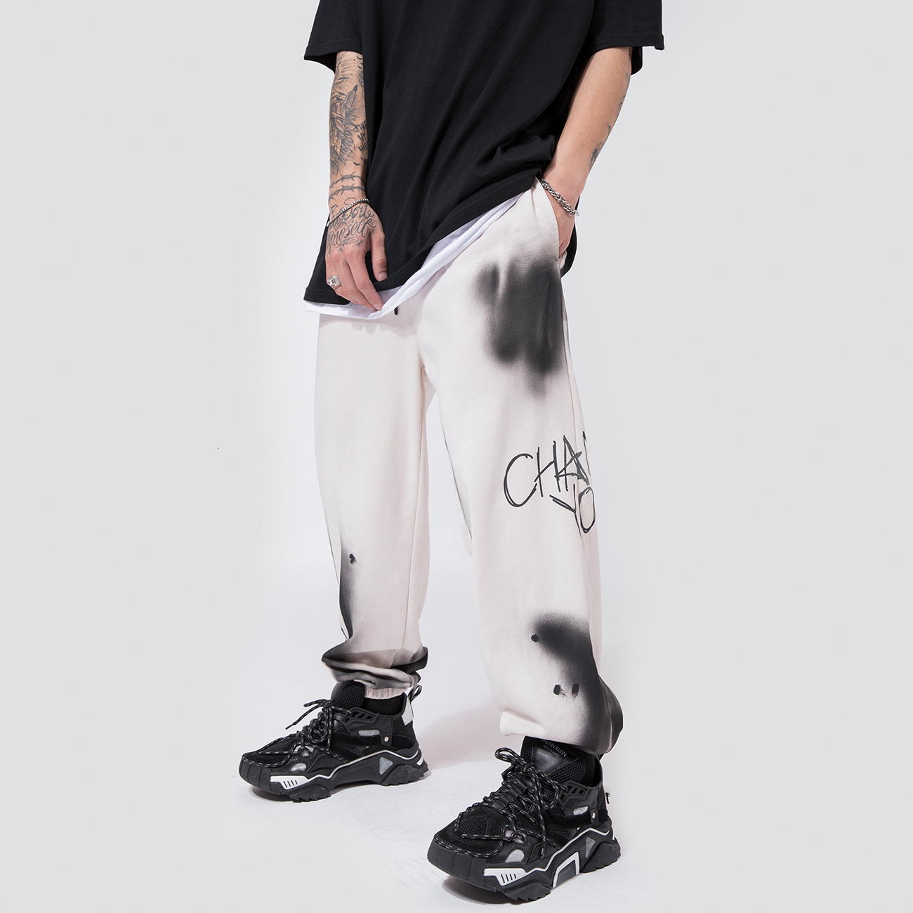 

2021 New Streetwear Tie-dye Harem Pants Casual Cotton Loose Elastic Waist Sweatpants Hip Hop Harajuku Joggers Men Trousers Gray Gzaj, Black