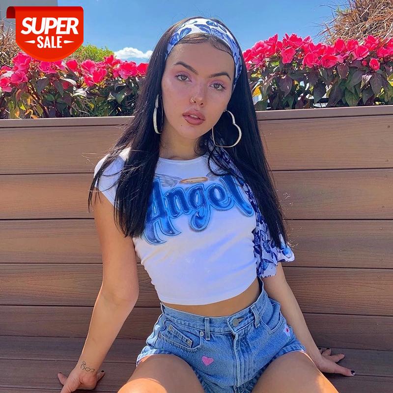 

E-girl Butterfly Graphic and Letter Printing Stitch Green Crop Tops Y2K Summer Grunge Style O-neck Short Sleeve T-shirts #vk2Z, White