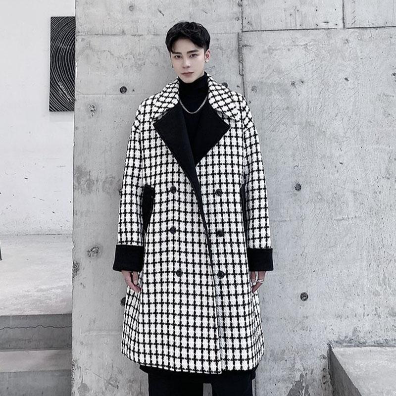 

New Male Women Couple Retro Loose Overcoat Jacket Men Double Breasted Long Thick Woolen Plaid Trench Coat Outerwear, 904